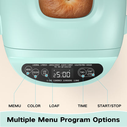 VAVSEA Bread Maker, 2LB Automatic Bread Machine with Gluten-Free, Dough, Cake Setting, Nonstick Ceramic Pan for Homemade Bread, Green