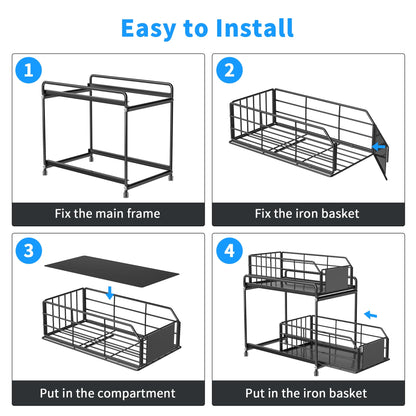 VAVSEA 2 Pack Metal Under Sink Organizers and Storage, 2 Tier Under Double Sliding Cabinet Organizer for Kitchen, Bathroom, Black