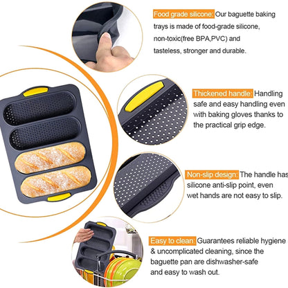 Qenwkxz 4 Slot Silicone Pan Non-Stick French Bread Baking Pan Professional Hot Dog Bun Tray Mold for Homemade Bread Baking
