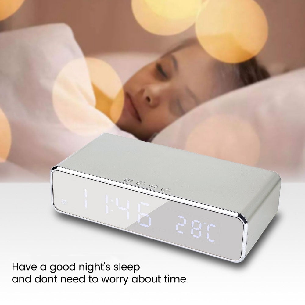 Digital Alarm Clocks For Bedrooms,LED Electric Alarm Digital Clock with Wireless Phone Charger Thermometer Desktop Digital HD Mirror Clock,Silver