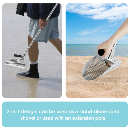 Long Handle Sand Scoop, Heavy Duty Stainless Steel Heavy Duty Metal Detector Beach Finds Scoop with Removable Long Handle Metal Detecting Tool Digging Shovel