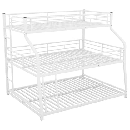 Triple Bunk Bed, Twin XL/Full XL/Queen Triple Bunk Bed with Long and Short Ladder for Kids Teens Adults, Heavy Duty Metal Bunk Bed Frame with Full-Length Guardrails, No Box Spring Needed, White