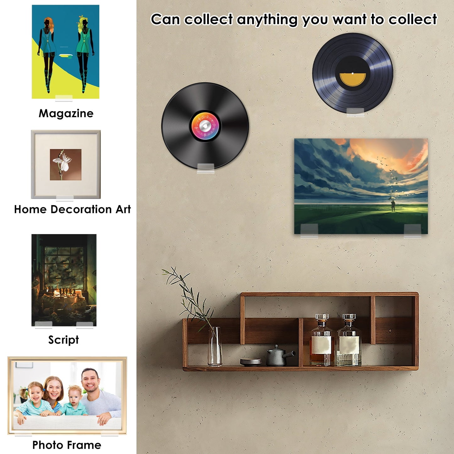 18Pcs Vinyl Record Wall Mount Display Holder, No Screws Self Adhesive Acrylic Records Holder, Clear Vinyl Records Wall Display for Album Covers Display and Home Wall Decoration