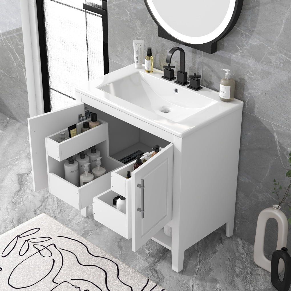 30" Modern Bathroom Vanity with Sink Top,Multi-Functional Wood Bathroom Storage Cabinet with Doors and Drawers,Wood Frame and MDF Board, Large Storage Space,White