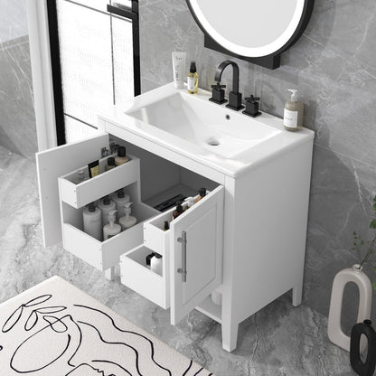 30" Modern Bathroom Vanity with Sink Top,Multi-Functional Wood Bathroom Storage Cabinet with Doors and Drawers,Wood Frame and MDF Board, Large Storage Space,White