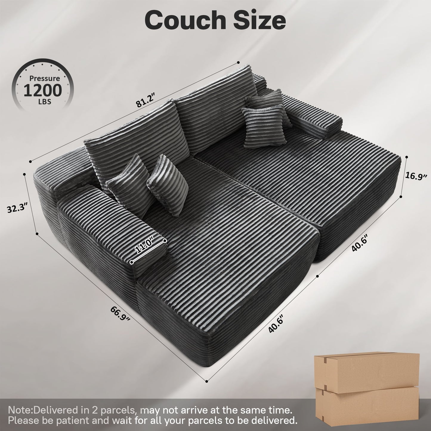 Vcatnet 81" Modular Sectional Sofa Couch Corduroy Chaise Lounge Loveseat Sofa Bed Oversized Upholstered Sleeper Sofa for Living Room and Bedroom, Gray