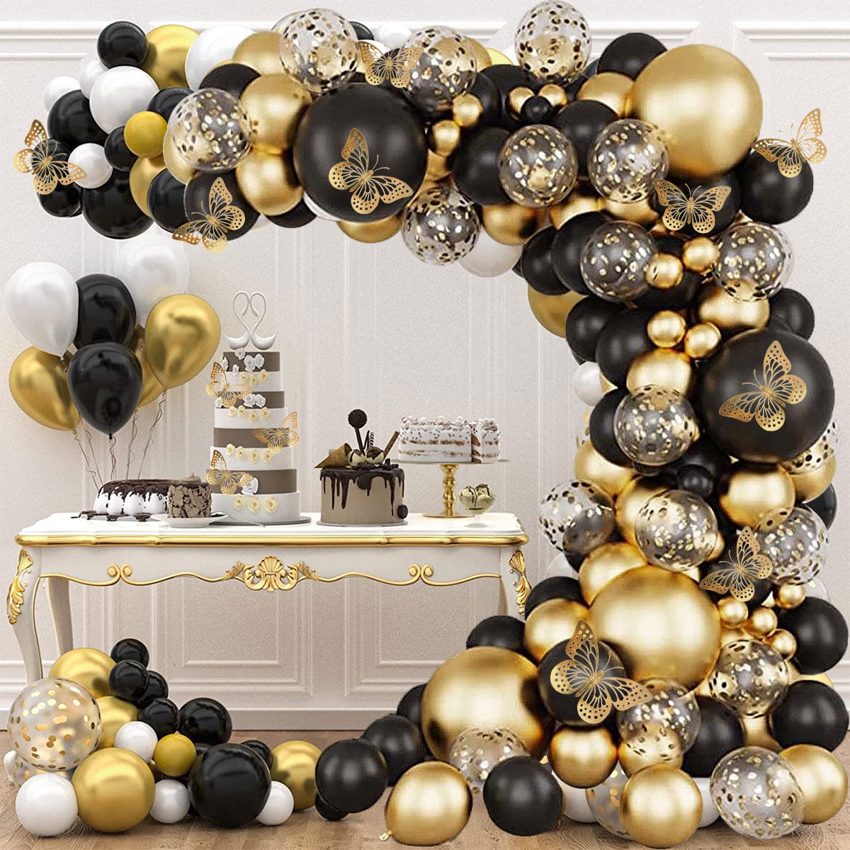 Wekvgz 136pcs Black and Gold Balloons Garland Arch Kit, 5 10 12 18 Inch Metallic Gold Black Latex Confetti Balloons for Birthday Bachelorette Graduation Party Decoration
