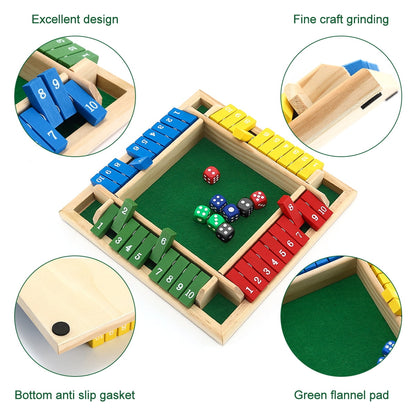 Hvxrjkn 4 Player Shut the Box Set Wooden Interactive Shut the Box Dice Game with Digital Numbers Non-Burr Four-Sided Flop Games Toy for KTV Bar Club Party 9 inch