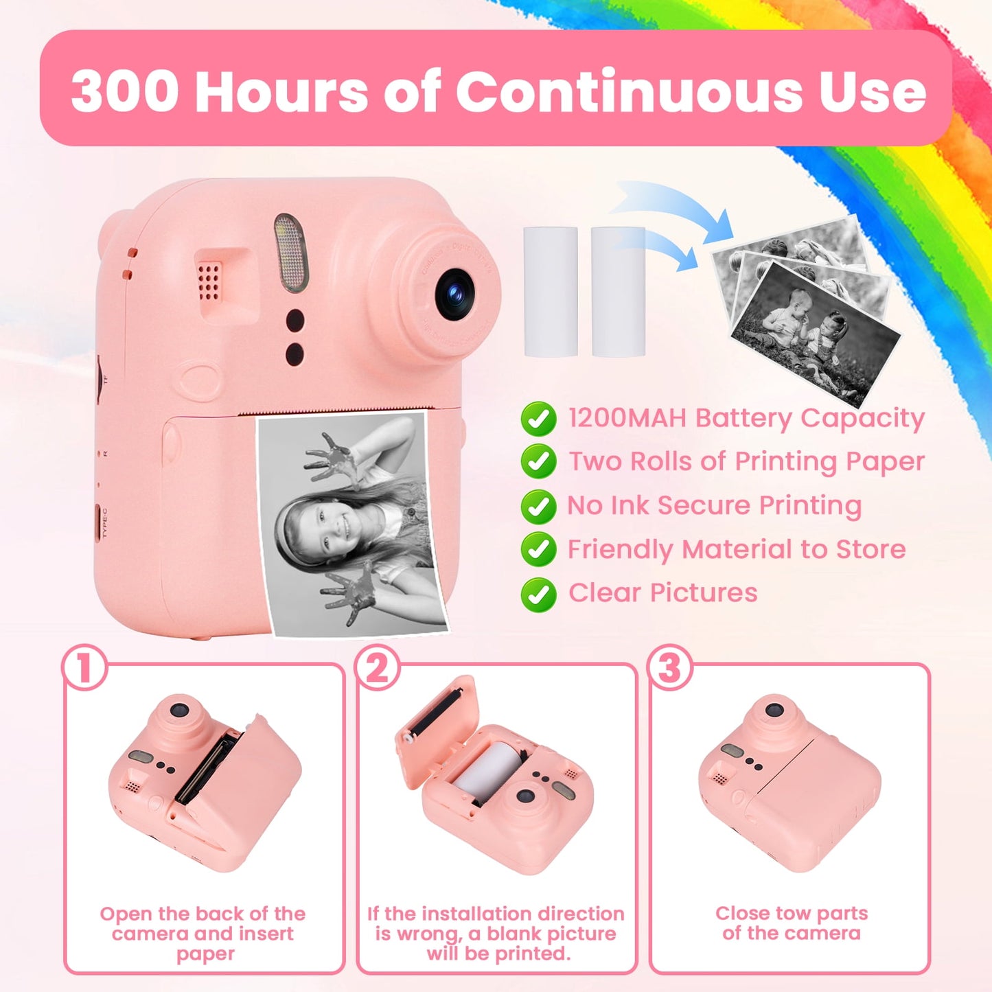 AUOSHI Instant Print Camera for Kids-1080P HD Kids Camera Instant Print Photo&Video with Print Paper & 32G Card ,Dual camera with flash，Christmas Birthday Gifts for Age 3-12 Girls Boys-Pink