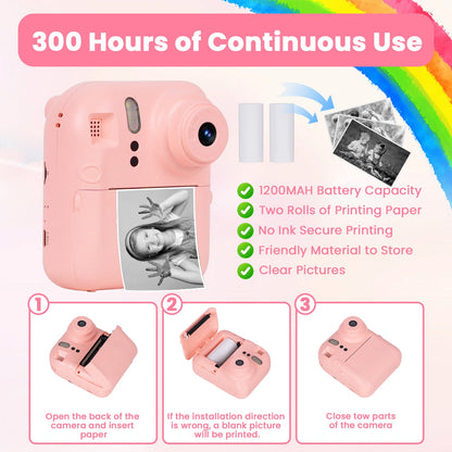 AUOSHI Instant Print Camera for Kids-1080P HD Kids Camera Instant Print Photo&Video with Print Paper & 32G Card ,Dual camera with flash，Christmas Birthday Gifts for Age 3-12 Girls Boys-Pink