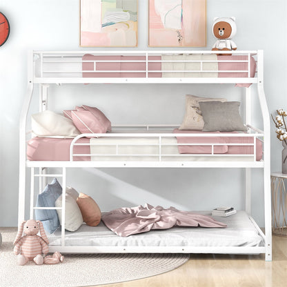 Triple Bunk Bed, Twin XL/Full XL/Queen Triple Bunk Bed with Long and Short Ladder for Kids Teens Adults, Heavy Duty Metal Bunk Bed Frame with Full-Length Guardrails, No Box Spring Needed, White