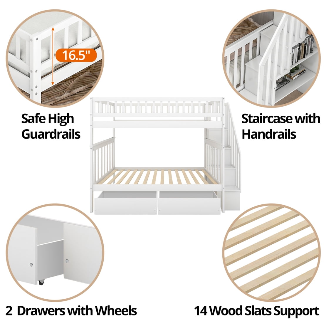 Twin over Twin Bunk Bed with 2 Drawers and Staircases, Wood Bunk Bed Frame with Safety Rails for Kids Teens Adults, Bunk Bed Frame Convertible into 2 Beds, White