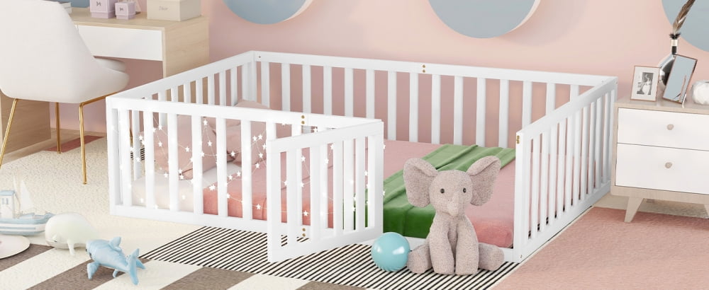 Full Size Floor Bed Frame for Kids, Solid Wood Montessori Bed Frame with Fence Rail and Door, Montessori Floor Bed Wood Full Bed Frame for Boys and Girls, White
