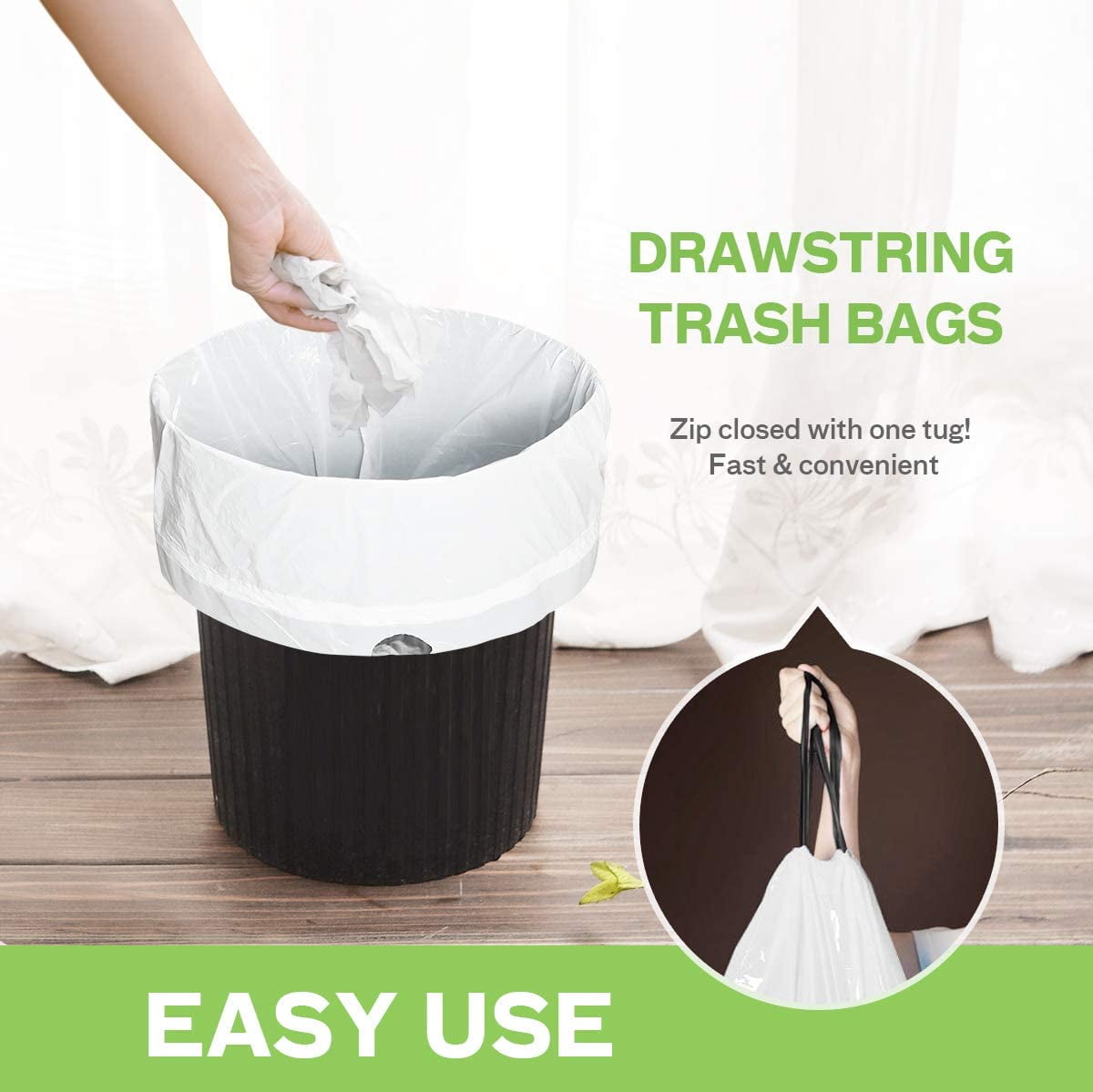 6 Gallon 100pcs Strong Drawstring Trash Bags Garbage Bags by Teivio, Bathroom Trash Can Bin Liners, Plastic Bags for home office kitchen, White
