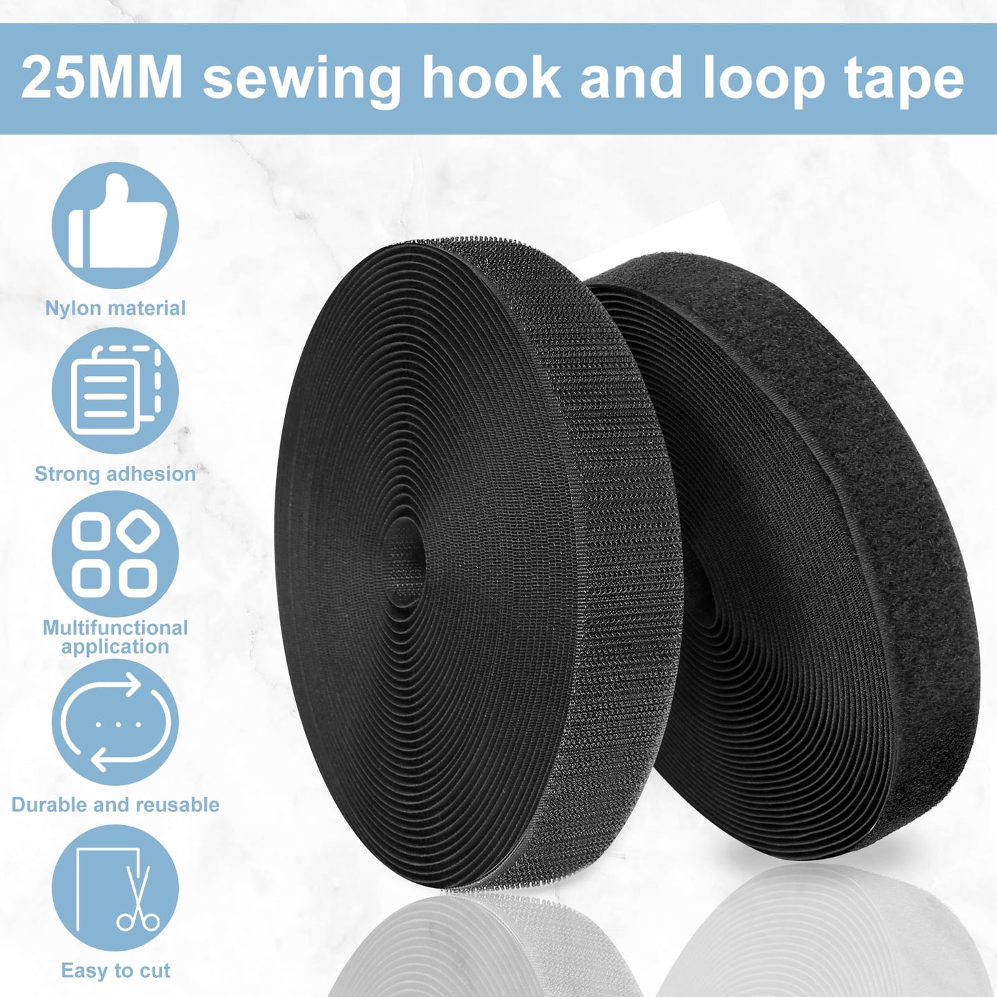 Xiyztok 2PCS Fastener Roll Strip 1Inch×32.8FT Nylon Hook and Loop Tape Velcro Straps Self-Adhesive Heavy Duty Strips Fastener Reusable Sticky Fastening Cable Ties Multi-Purpose for Home Car Clothing