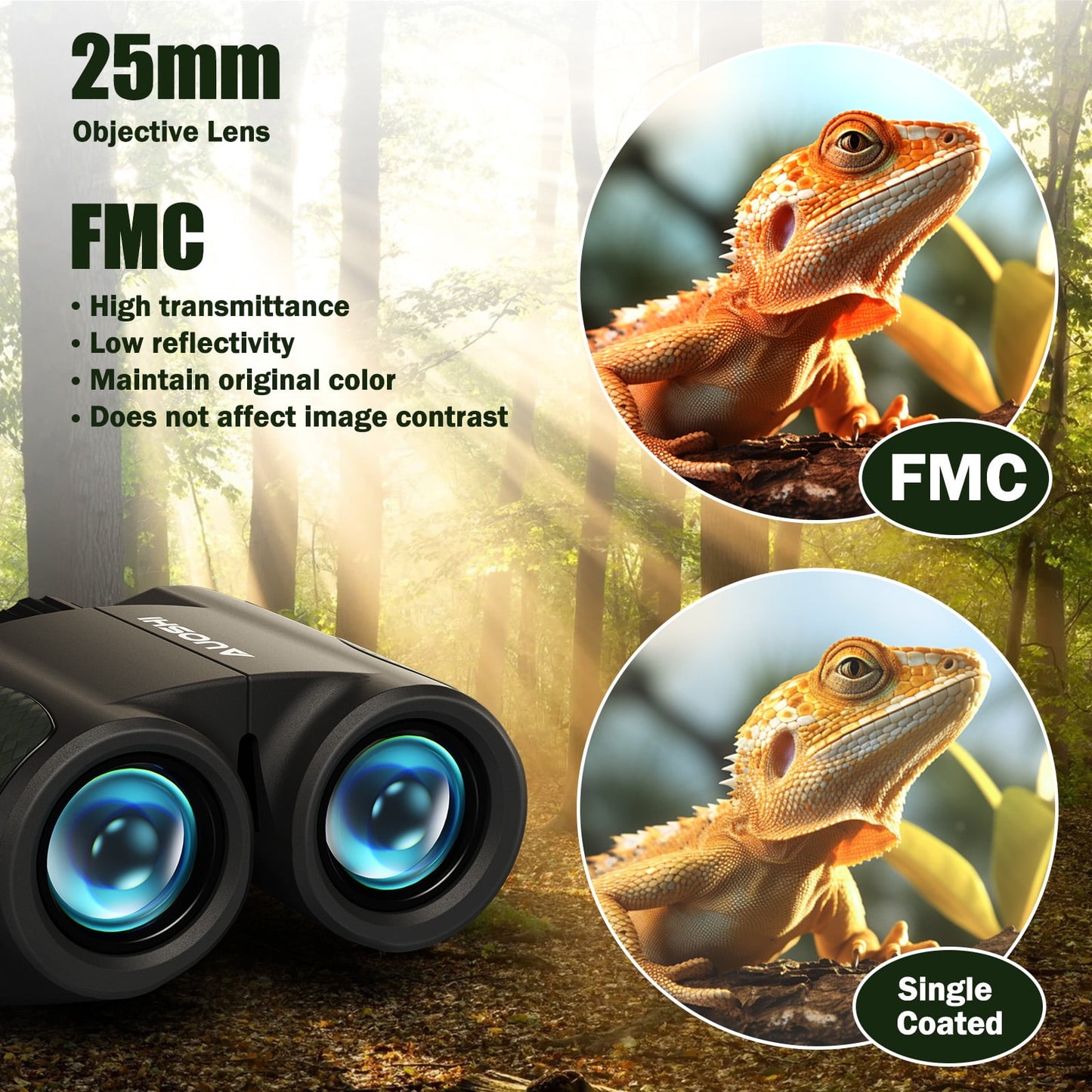 AUOSHI 12*25 Compact Binoculars for Adults and Kids Large Eyepiece Waterproof and Non-Slip Binoculars for Bird Watching Outdoor Sports, Sightseeing, Concerts, Hiking - BAK4 Prism FMC Lens