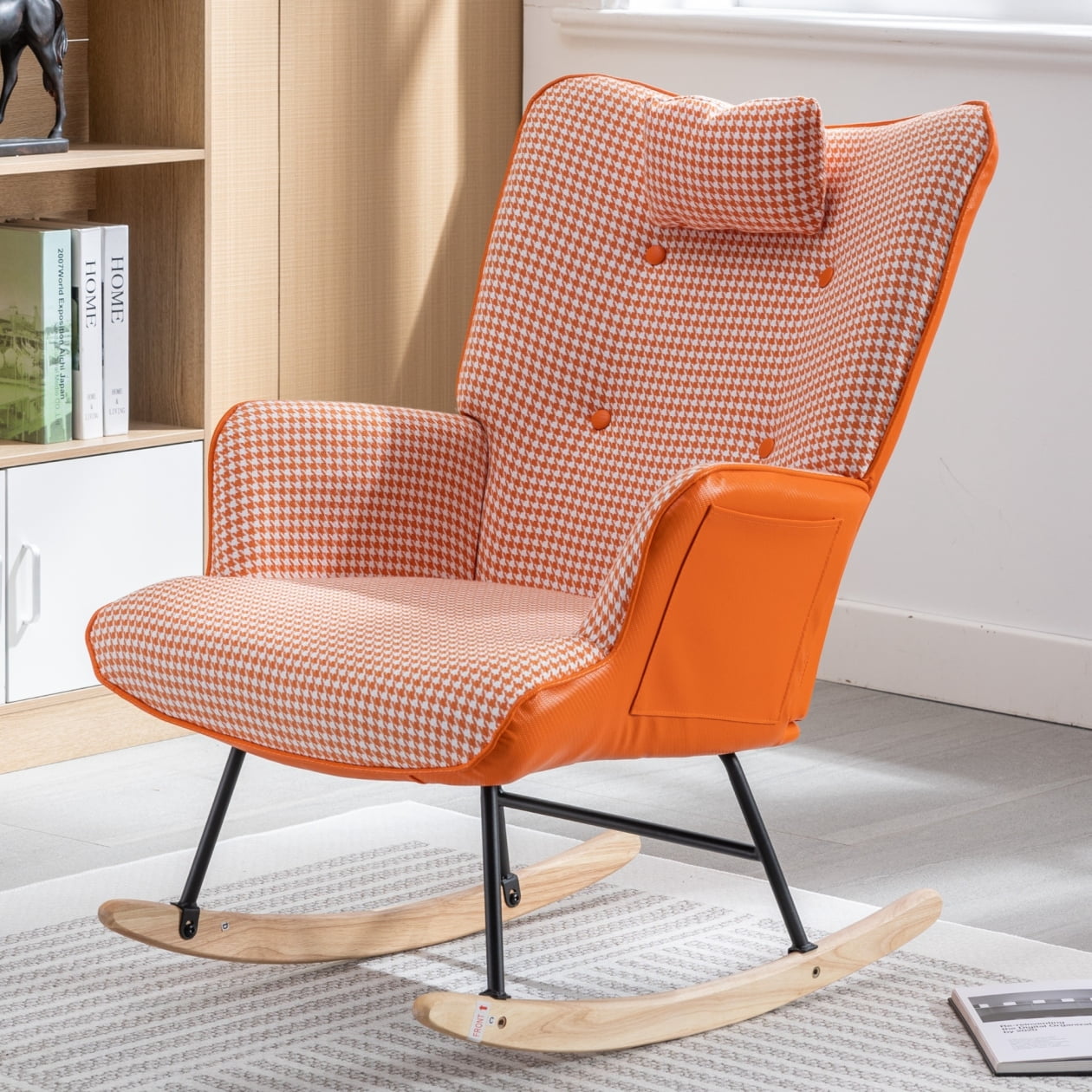 Modern Houndstooth Nursery Rocking Chair with Metal Frame, High Back Leisure Armchair with Wooden Curved Legs, Comfy Wingback Glider Rocker Chair for Living Room, Bedroom, Balcony, Orange