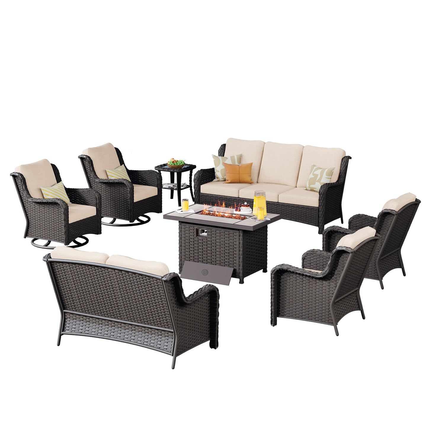 Vcatnet 8 Pieces Outdoor Patio Furniture Sectional Sofa All-weather Conversation Set with Swivel Rocking Chairs and Fire Pit Table for Garden,Poolside,Beige