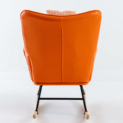 Modern Houndstooth Nursery Rocking Chair with Metal Frame, High Back Leisure Armchair with Wooden Curved Legs, Comfy Wingback Glider Rocker Chair for Living Room, Bedroom, Balcony, Orange