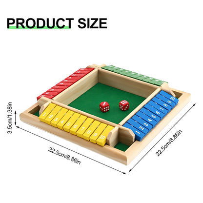 Hvxrjkn 4 Player Shut the Box Set Wooden Interactive Shut the Box Dice Game with Digital Numbers Non-Burr Four-Sided Flop Games Toy for KTV Bar Club Party 9 inch
