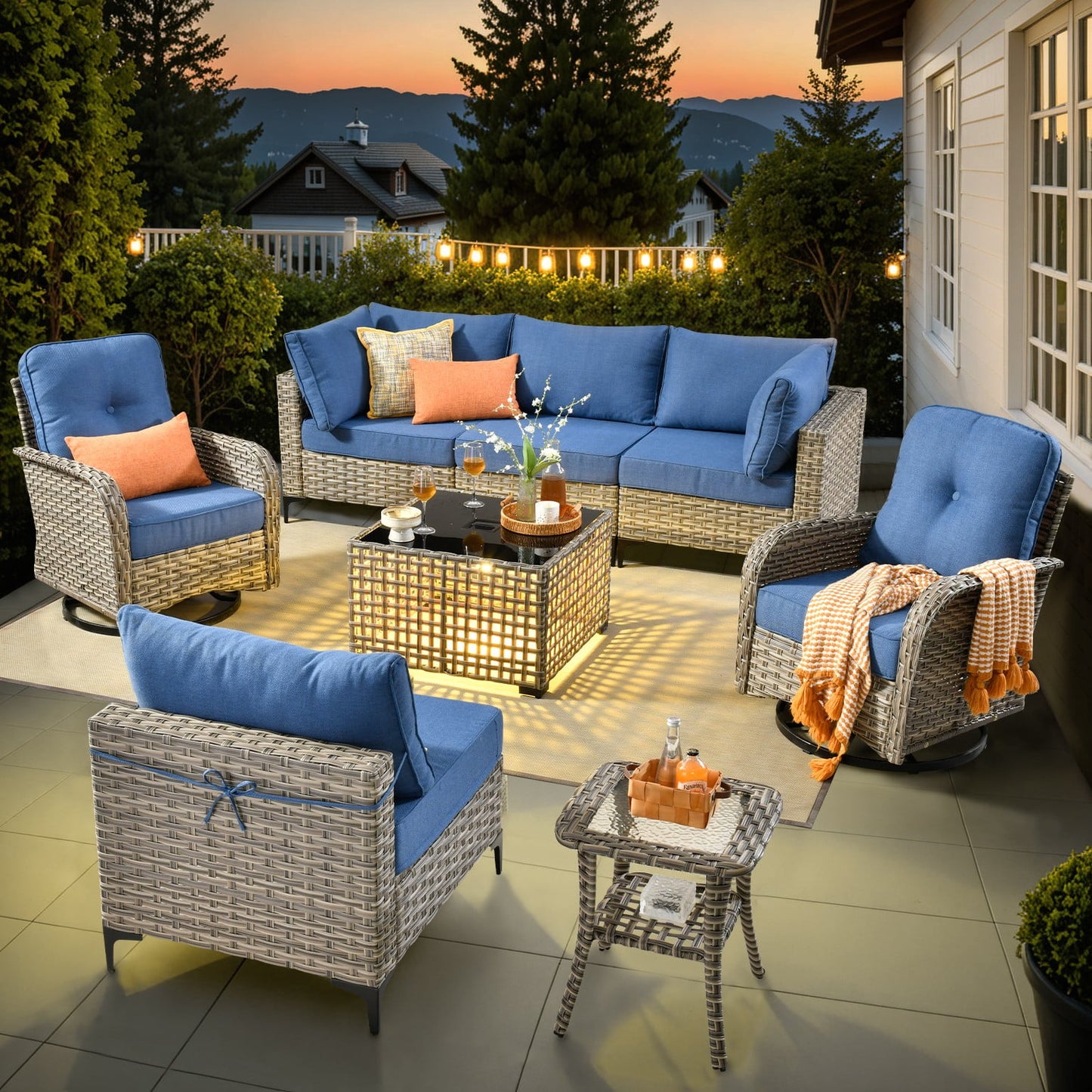Ovios 8 Pieces Patio Outdoor Furniture Set with Swivel Chairs All-Weather Rattan Wicker Conversation Outside Sectional Sofa Chair with Solar Light Table