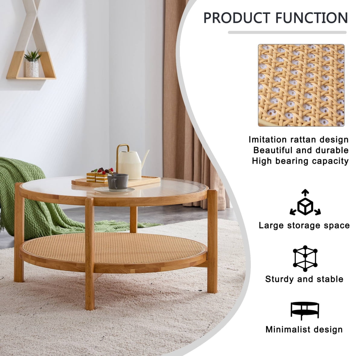 Modern Rattan Coffee Table, Double-Layer Round Coffee Table with Solid Wood Legs, Glass Top Coffee Table for Living Room Lounge Bedroom, Natural Wood