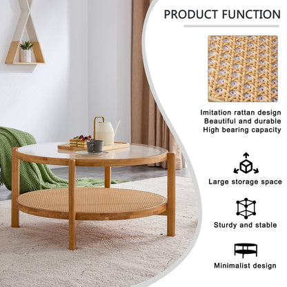 Modern Rattan Coffee Table, Double-Layer Round Coffee Table with Solid Wood Legs, Glass Top Coffee Table for Living Room Lounge Bedroom, Natural Wood