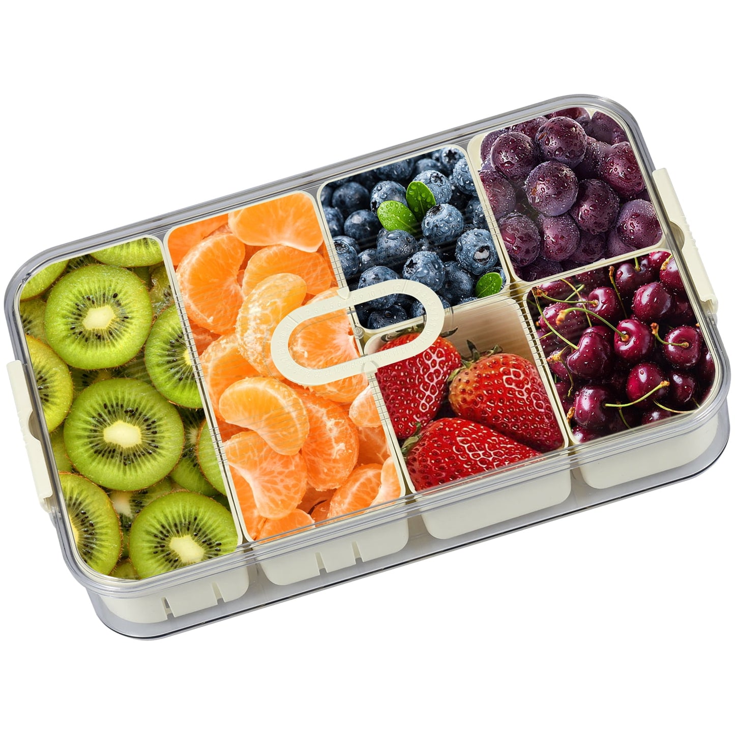 Austok Divided Serving Tray with Sealing Lid Timer 6 Compartment Snackle Box Container Snack Plattersompartment Box with Draining Baskets Clear Organizer for Candy Fruits Nuts Snacks