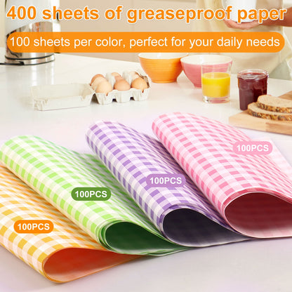 Toorise Pack of 400 Wax Paper Plaid Wax Paper Greaseproof Paper Liners Sandwich Wrapping Paper Dry Waxed Deli Food Paper Sheets Greaseproof Waterproof 4 Colors(18x18cm)