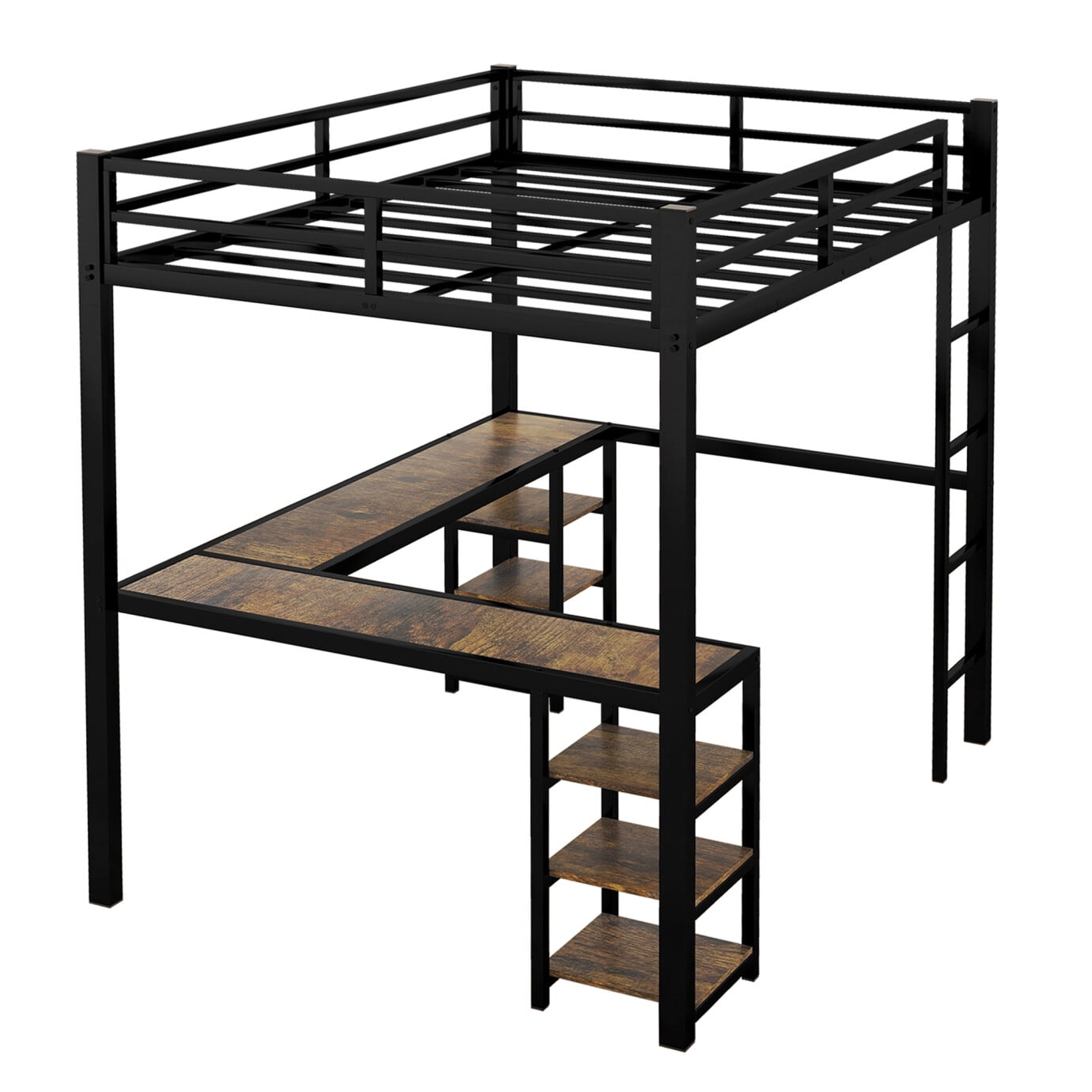 Full Size Loft Bed with Desk and 6 Storage Shelves for Kids Teens Adult, Metal Bed Frame with L-Shaped Desk and Ladder, Noise Free & Space-Saving Design, No Box Spring Needed, Black