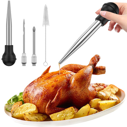 Wekvgz Turkey Baster Set of 4 Stainless Steel Turkey Baster Syringe Meat Marinade Injector Needle with 2 Needles Silicone Bulb and