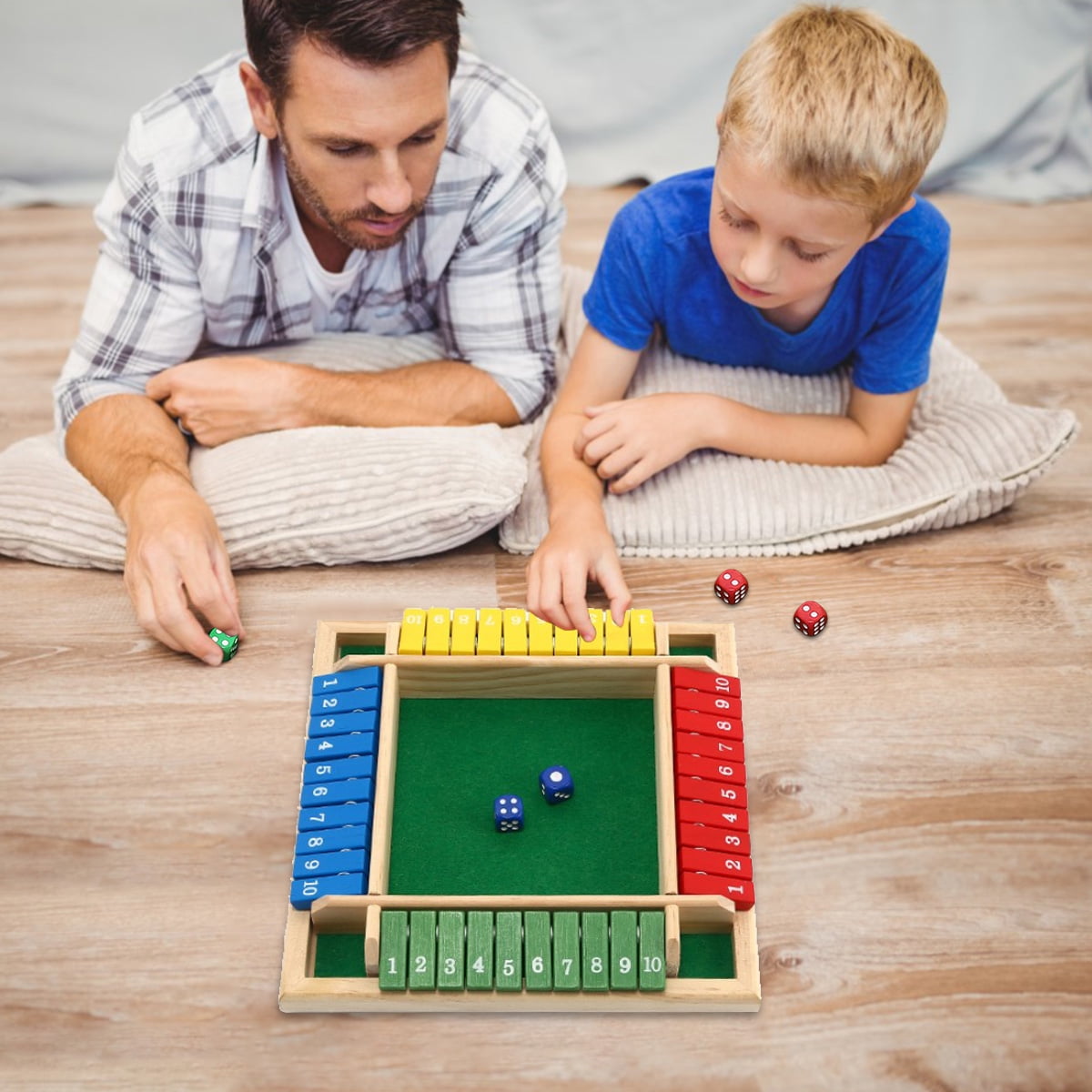 Hvxrjkn 4 Player Shut the Box Set Wooden Interactive Shut the Box Dice Game with Digital Numbers Non-Burr Four-Sided Flop Games Toy for KTV Bar Club Party 9 inch