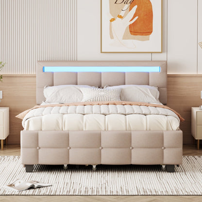 Queen Size Platform Bed, Modern Upholstered Bed Frame with LED Frame, Twin Size Trundle and 2 Drawers, Multifunction Linen Fabric Storage Bed, No Box Spring Needed, Beige