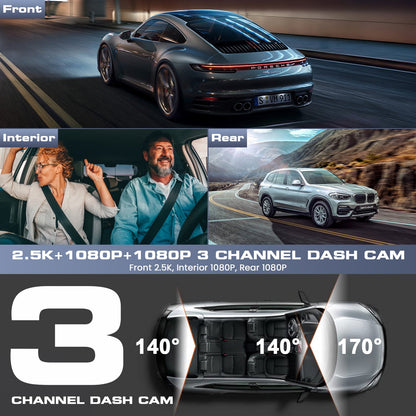 AUOSHI 3 Channel Dual Dash Cam Front Rear 4K/2.5K+1080P 3.16" Full HD with Wi-Fi GPS Free 64GB SD Card Car Dashboard Recorder IPS Screen Night Vision Wide Angle WDR 24H Parking Mode Support 256GB Max