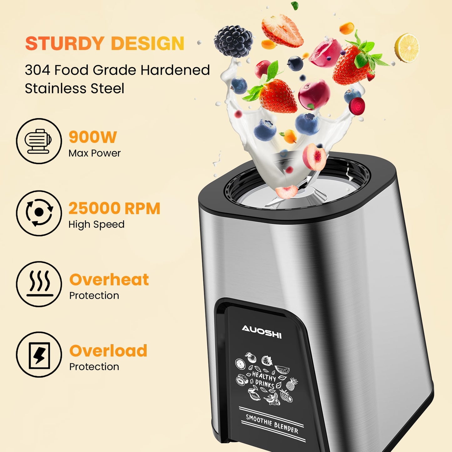 AUOSHI 900W Personal Blender for Shakes and Smoothies Blenders for Kitchen Smoothie Maker with 6 Fins Blades Frozen Drinks Mixer with 2*23 oz To-Go Cups 1*10oz Grinder Cup BPA Free