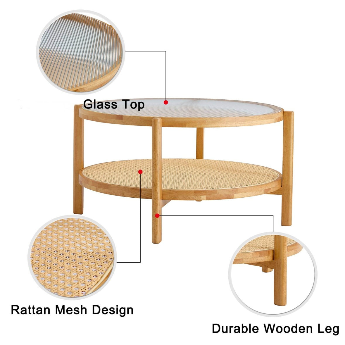 Modern Rattan Coffee Table, Double-Layer Round Coffee Table with Solid Wood Legs, Glass Top Coffee Table for Living Room Lounge Bedroom, Natural Wood