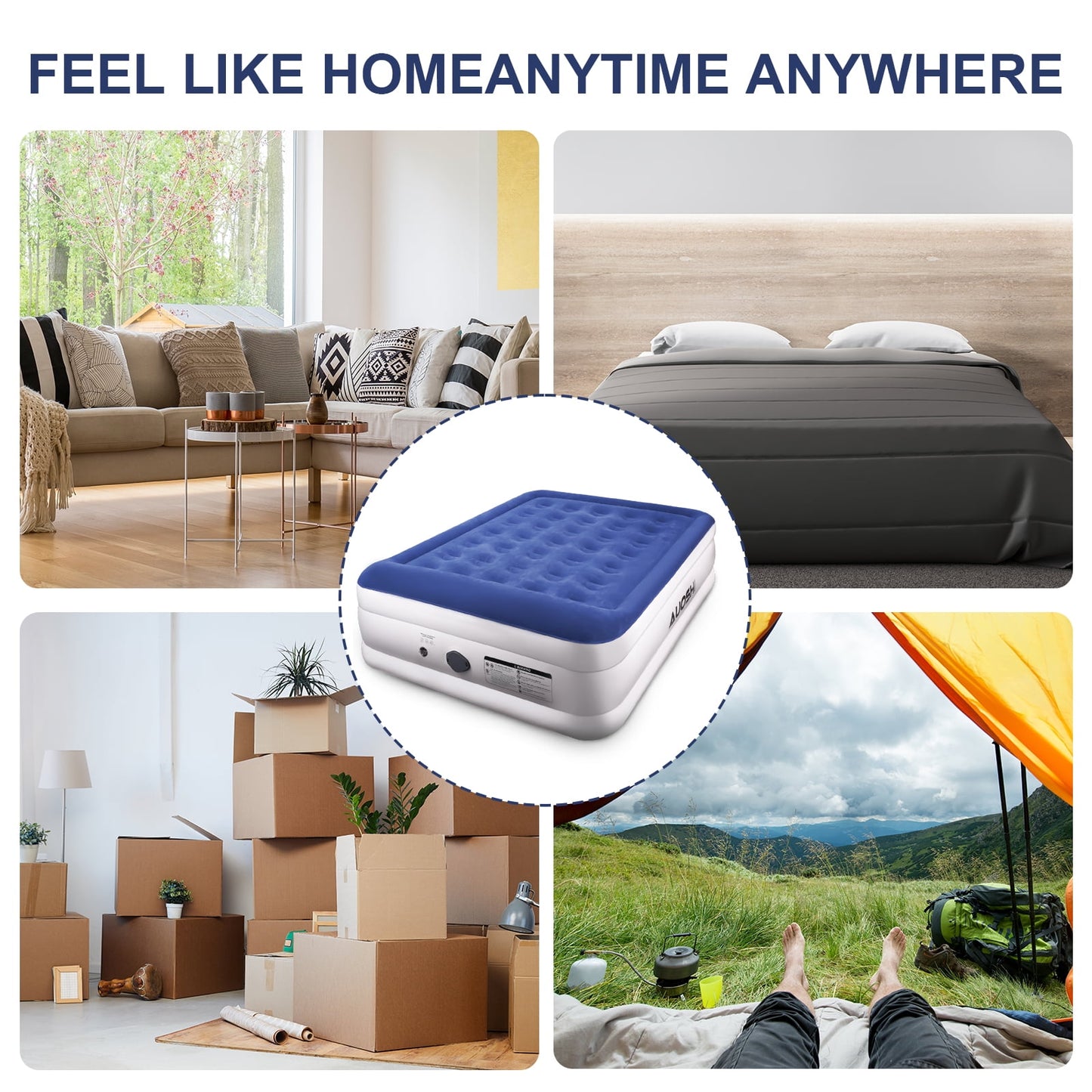 AUOSHI Queen Air Mattress with Rechargeable Built-in Pump 662lb Weight Capacity Luxury Inflatable Air Bed Portable Double Airbed Waterproof Durable Adjustable Blow Up Mattress for Home Camping