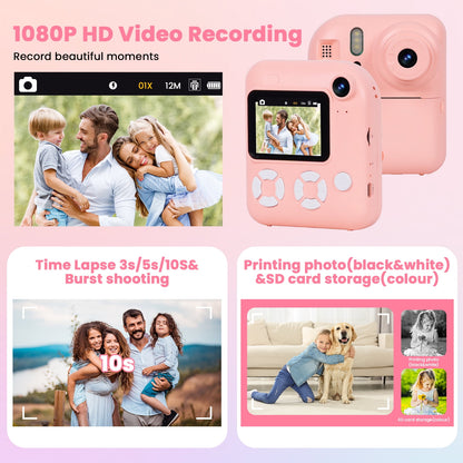 AUOSHI Instant Print Camera for Kids-1080P HD Kids Camera Instant Print Photo&Video with Print Paper & 32G Card ,Dual camera with flash，Christmas Birthday Gifts for Age 3-12 Girls Boys-Pink
