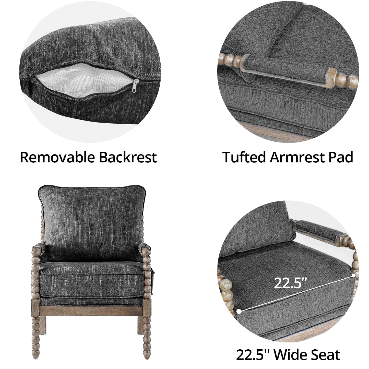 Oversized Accent Chair, Natural Solid Wood Spindle Accent Chair with High Resilience Spring Cushion and Armrest Pads Leisure Armchair for Living Room, Bedroom, 26.5" x 30.75" x 35.5", Black