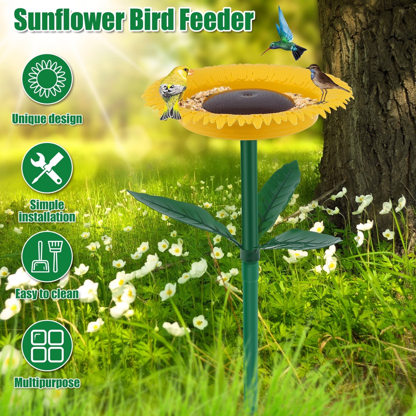 NewSoul Sunflower Standing Bird Feeder Outdoor,Bird Bath Feeders Bowl,Flower Shape Bird Feeding Tray,Gifts for Bird Lovers