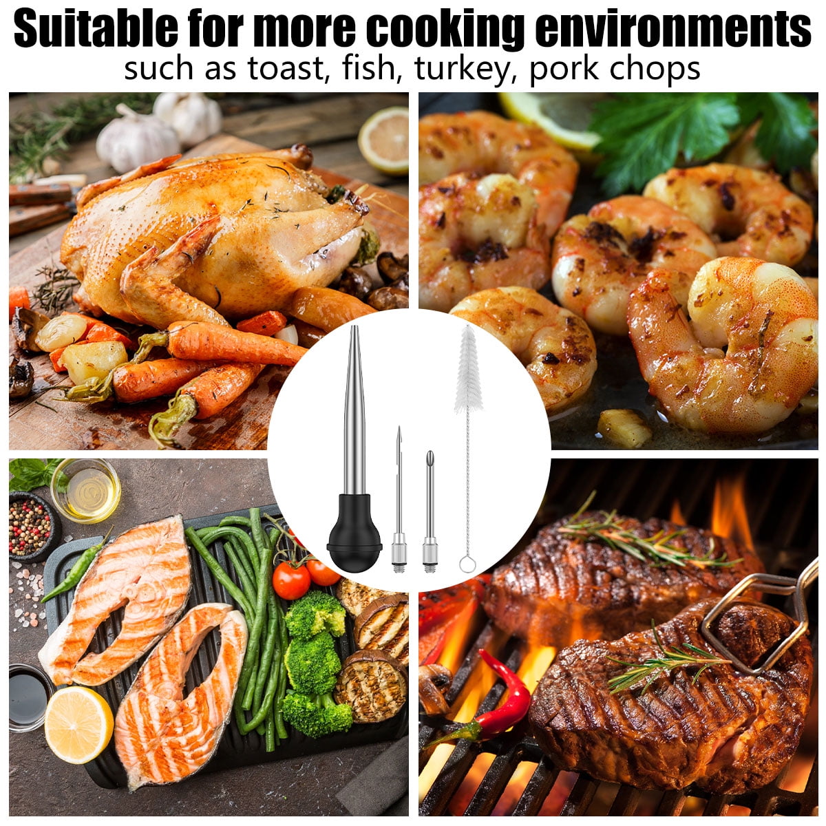 Turkey Baster Stainless Steel Turkey Baster Syringe Meat Marinade Injector Needle Turkey Baster for Kitchen Cooking 4-Piece Set