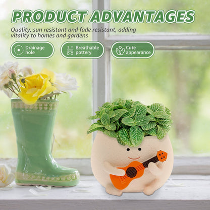 Tysrjsv Smiling Face Planter Pot with Drainage Holes Cute Resin Flowers Pot Ukulele Plant Pot Funny Face Succulent Pots Gifts for Home Office Decor 12.7*11.5*8.4cm