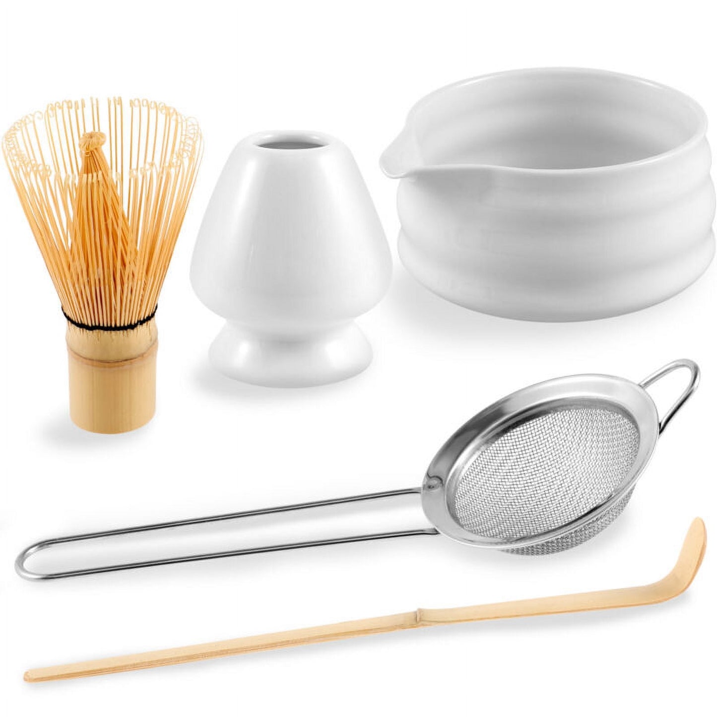 Ihvewuo Matcha Whisk Set Ceramic Matcha Bowl with Pouring Spout Matcha Bamboo Whisk Stainless Sifter Ceramic Whisk Holder Bamboo Scoop Exquisite Matcha Kit for Matcha Tea Culture (5pcs)