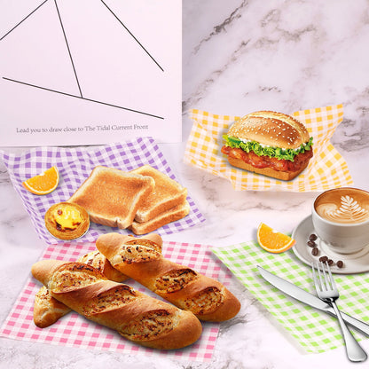 Toorise Pack of 400 Wax Paper Plaid Wax Paper Greaseproof Paper Liners Sandwich Wrapping Paper Dry Waxed Deli Food Paper Sheets Greaseproof Waterproof 4 Colors(18x18cm)