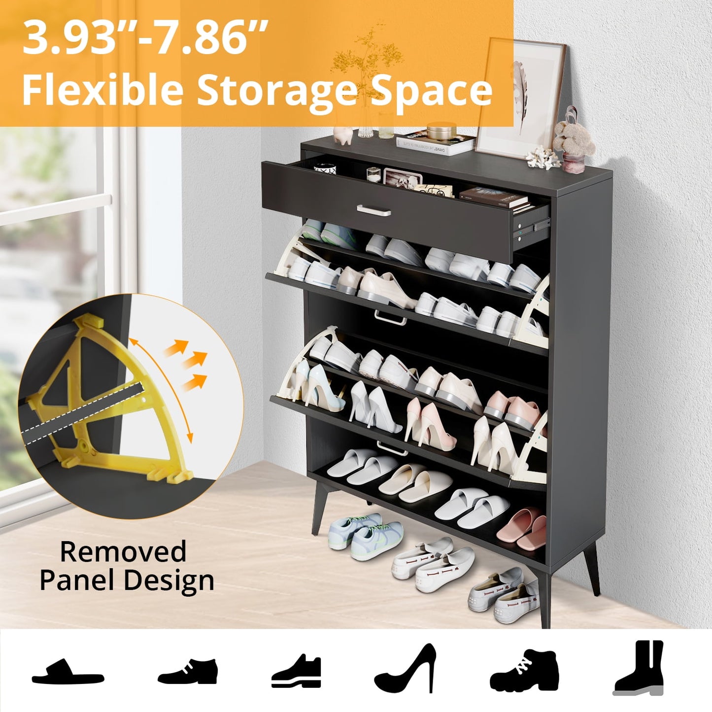 Shoe Cabinet with 2 Flip Drawers and Open Shelf,Free Standing Shoe Racks Storage Cabinet with Metal Legs,Shoe Organizer Entrance Shoe Storage Cabinet Narrow Closet for Entryway Hallway,Antique Gray