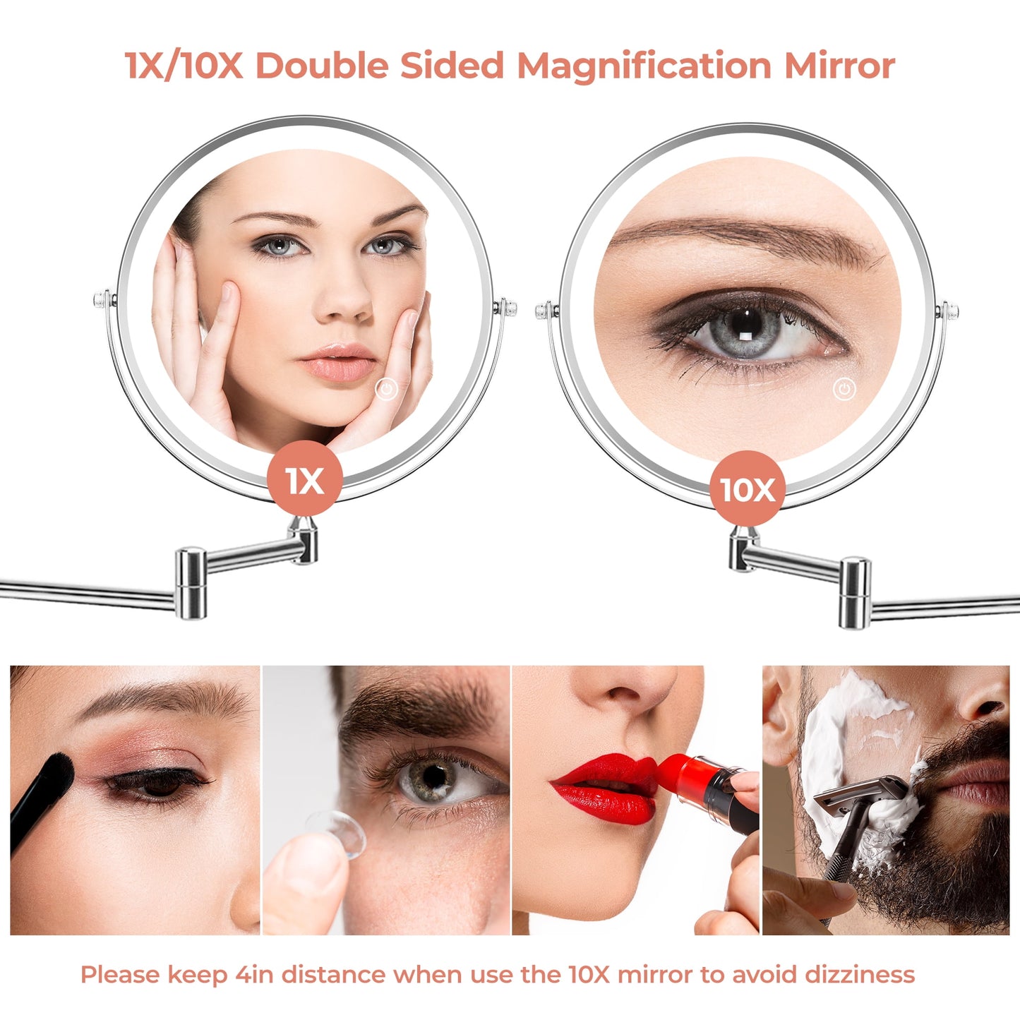 ZIMFANQI Bathroom Vanity Mirror with Lights, 8" Double Sided 1X/10X Magnifying, 3 Colors Brightness Adjustable Makeup Mirror, 360°Rotation Extendable Wall Mounted Lighted Makeup Mirror(Chrome)
