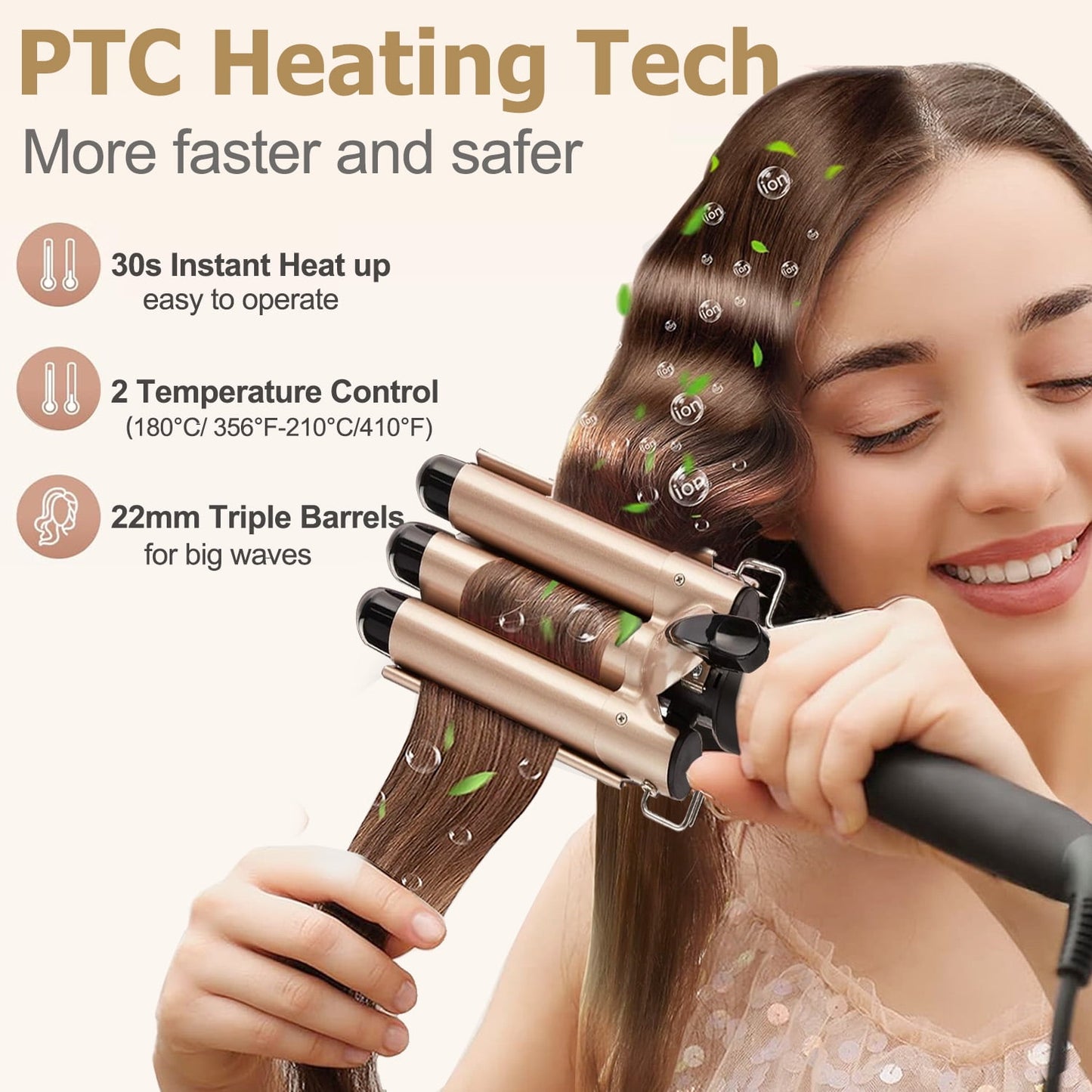 Morfone 3 Jumbo Barrel Curling Iron Wand 22mm Hair Waver Temperature Adjustable Ceramic Big Waves Hair Crimper (Gold)