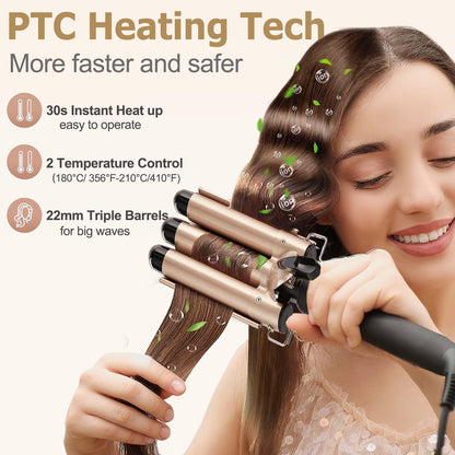 Morfone 3 Jumbo Barrel Curling Iron Wand 22mm Hair Waver Temperature Adjustable Ceramic Big Waves Hair Crimper (Gold)
