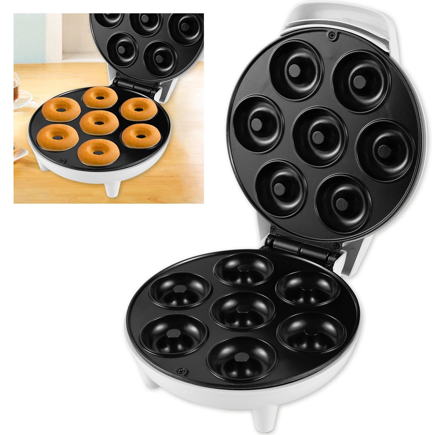 Qenwkxz Mini Doughnut Maker 1200W Non-Stick Donut Maker Machine 7 Holes Round Electric Donut Maker with Anti Slip Feet Minimalist Portable Donut Maker Easy Release for Breakfast Kitchen