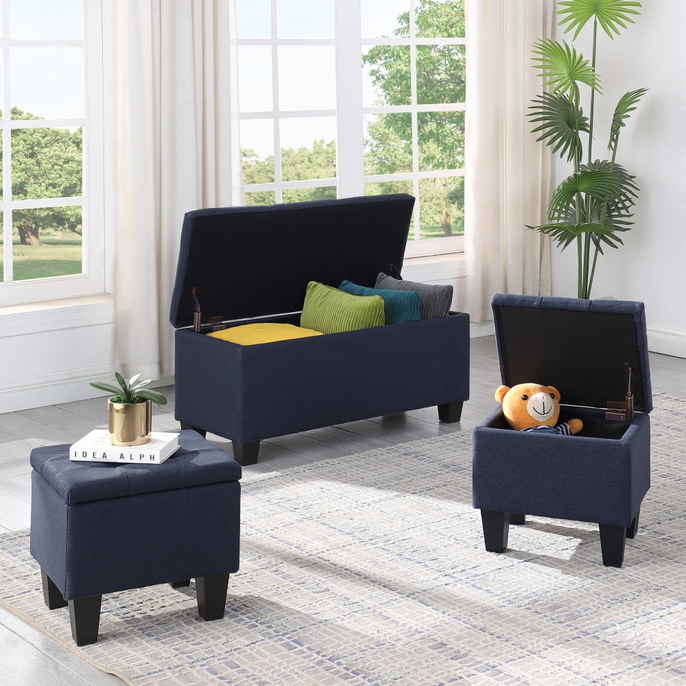 3 in 1 Combination Ottoman, Large Storage Ottoman Bench Set, Tufted Ottoman Linen Bench, Lift Top Storage Ottoman Footrest Stool, Coffee Table for Living Room Entryway Hallway Bedroom, Dark Blue